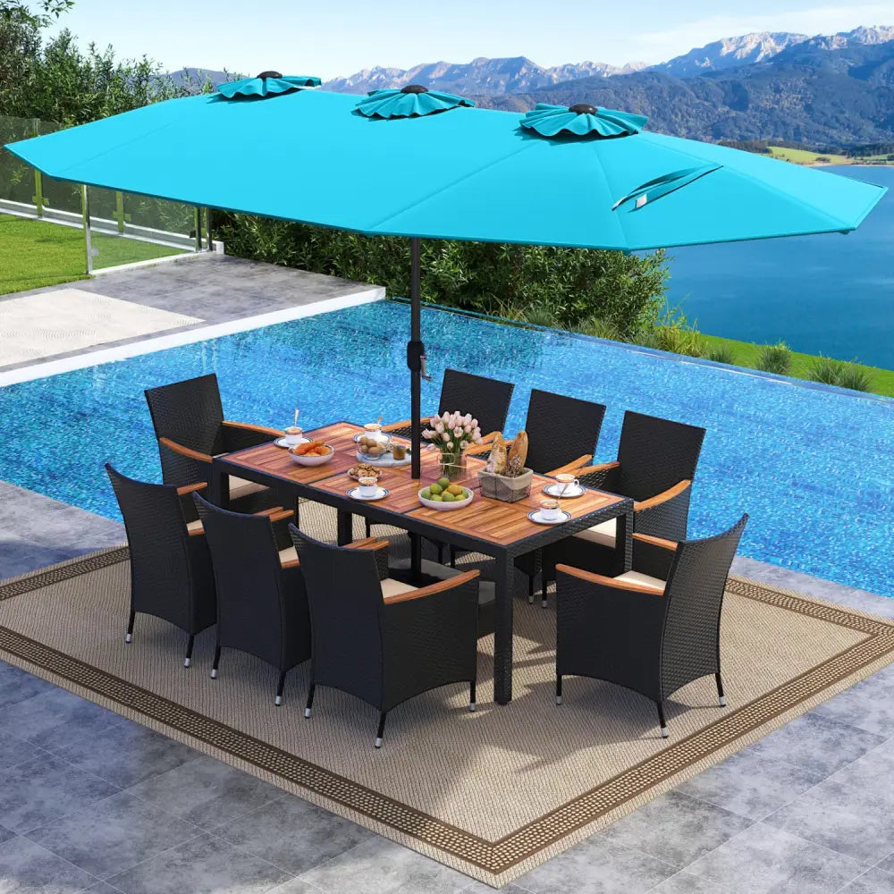 10 Piece Outdoor Dining Set with 15 Feet Double-Sided Twin Umbrella-Turquoise - Turquoise - Patio Dining Sets