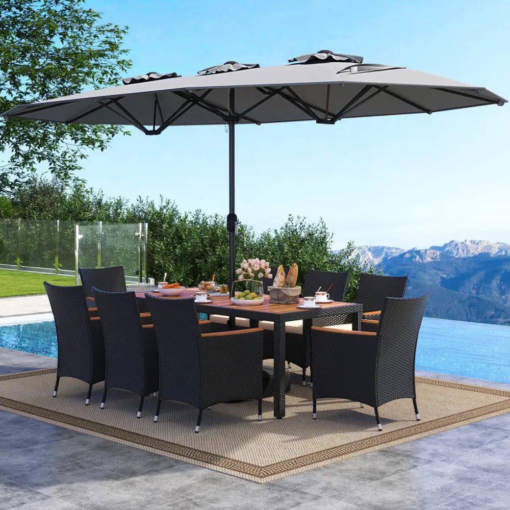 10 Piece Outdoor Dining Set with 15 Feet Double-Sided Twin Umbrella-Gray - Gray - Patio Dining Sets