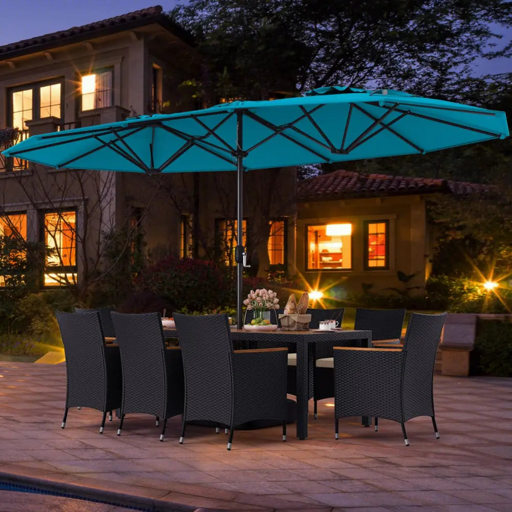 10 Piece Outdoor Dining Set with 15 Feet Double-Sided Twin Umbrella-Turquoise - Turquoise - Patio Dining Sets