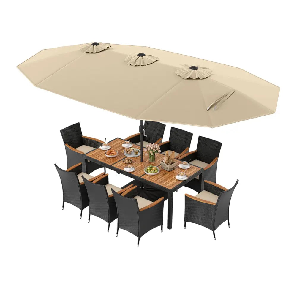 10 Piece Outdoor Dining Set with 15 Feet Double-Sided Twin Umbrella-Beige - Beige - Patio Dining Sets