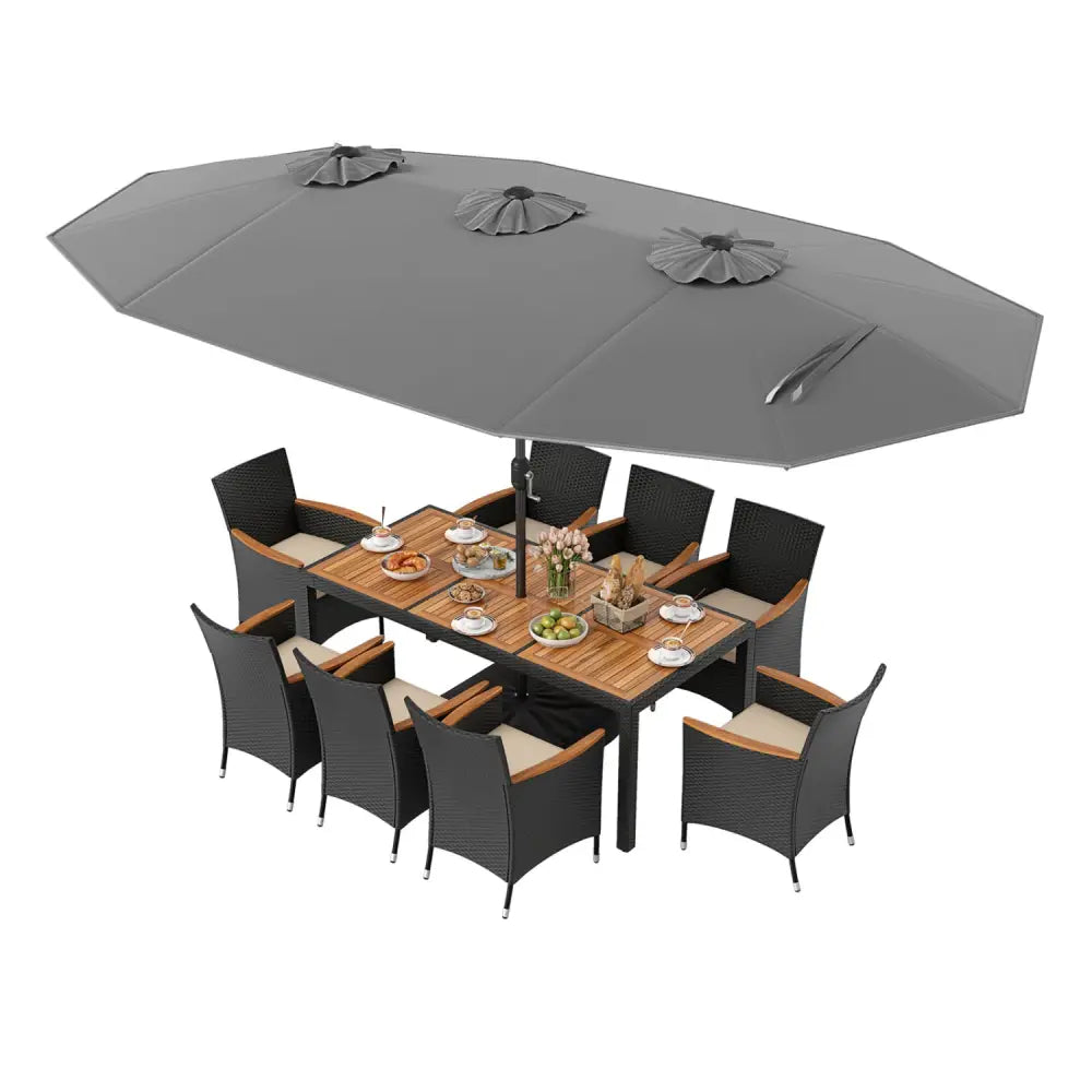 10 Piece Outdoor Dining Set with 15 Feet Double-Sided Twin Umbrella-Gray - Gray - Patio Dining Sets