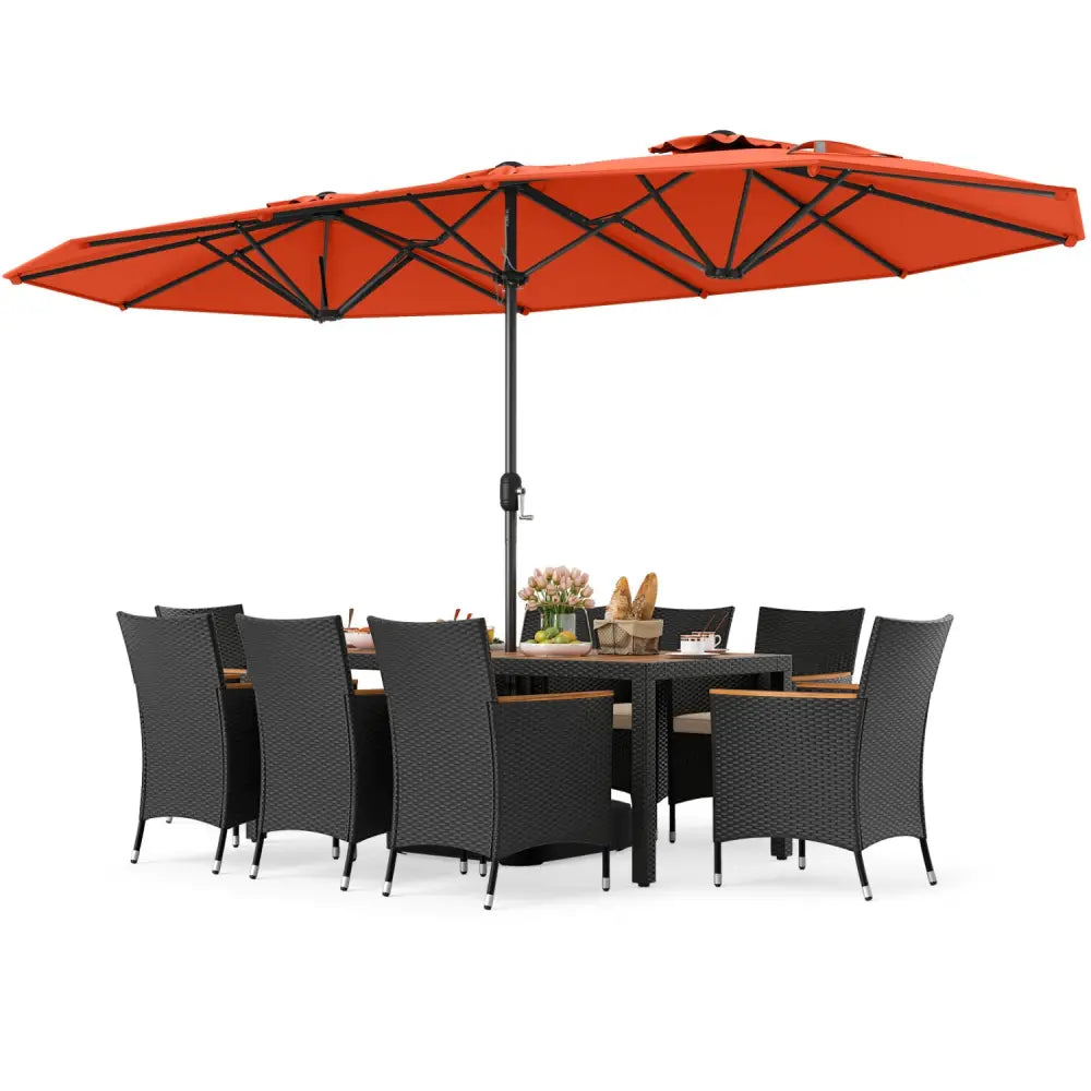 10 Piece Outdoor Dining Set with 15 Feet Double-Sided Twin Umbrella-Orange - Orange - Patio Dining Sets