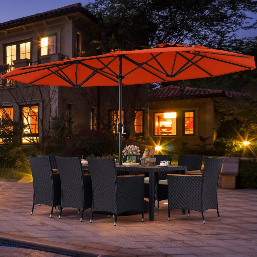 10 Piece Outdoor Dining Set with 15 Feet Double-Sided Twin Umbrella-Orange - Orange - Patio Dining Sets
