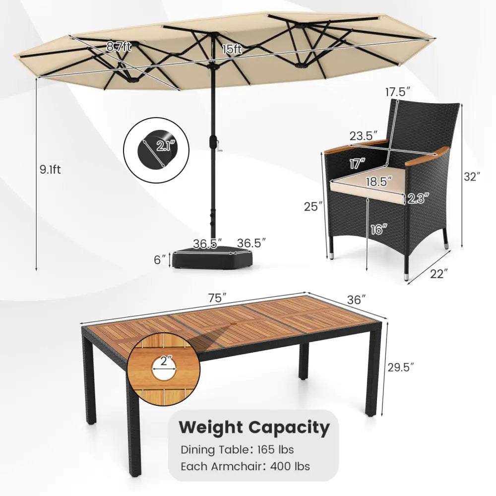 10 Piece Outdoor Dining Set with 15 Feet Double-Sided Twin Umbrella-Beige - Beige - Patio Dining Sets