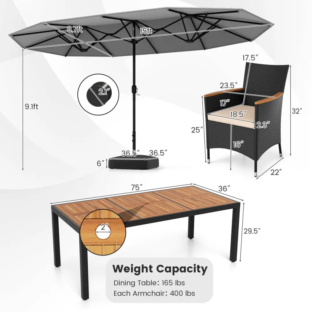 10 Piece Outdoor Dining Set with 15 Feet Double-Sided Twin Umbrella-Gray - Gray - Patio Dining Sets