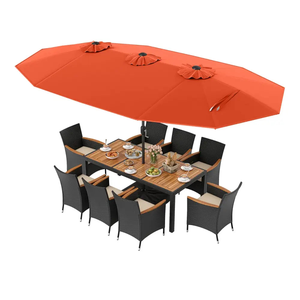 10 Piece Outdoor Dining Set with 15 Feet Double-Sided Twin Umbrella-Orange - Orange - Patio Dining Sets