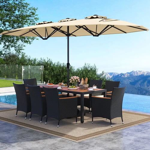 10 Piece Outdoor Dining Set with 15 Feet Double-Sided Twin Umbrella-Beige - Beige - Patio Dining Sets