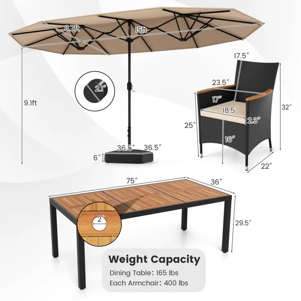 10 Piece Outdoor Dining Set with 15 Feet Double-Sided Twin Umbrella-Brown - Brown - Patio Dining Sets