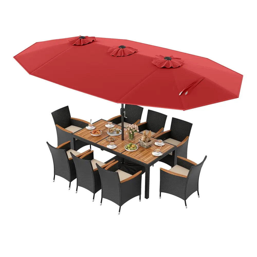 10 Piece Outdoor Dining Set with 15 Feet Double-Sided Twin Umbrella-Red - Red - Patio Dining Sets