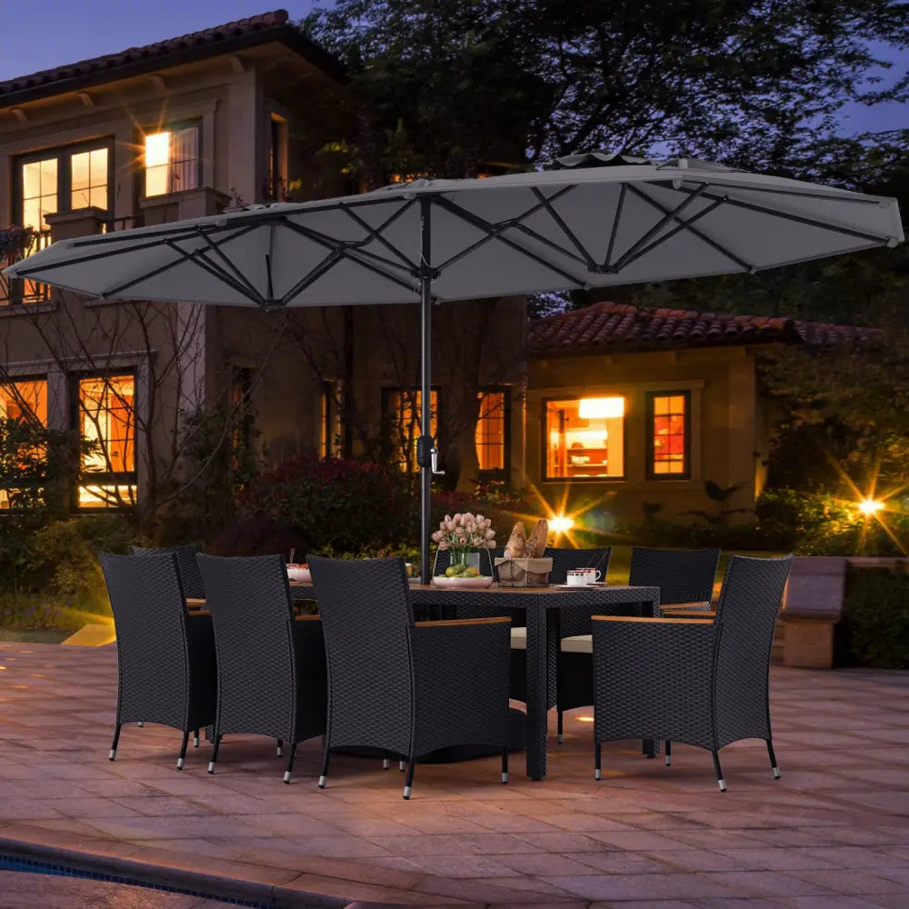 10 Piece Outdoor Dining Set with 15 Feet Double-Sided Twin Umbrella-Gray - Gray - Patio Dining Sets