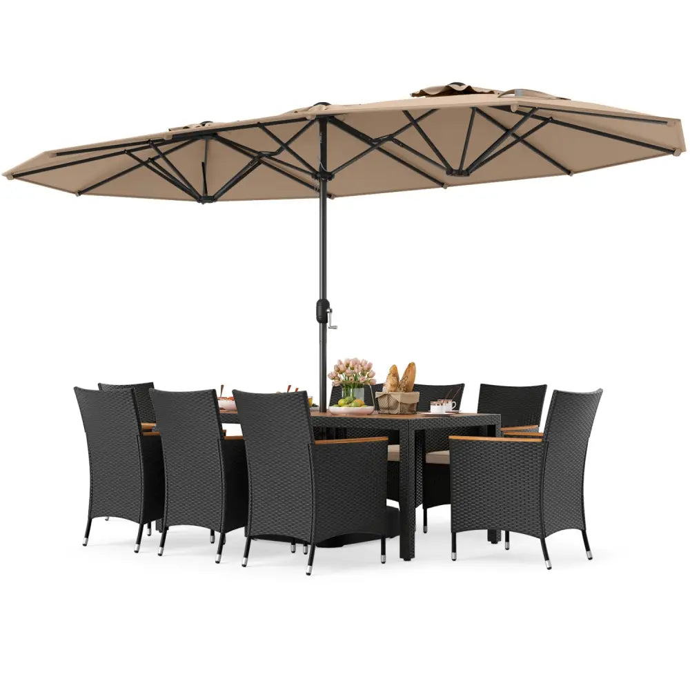 10 Piece Outdoor Dining Set with 15 Feet Double-Sided Twin Umbrella-Brown - Brown - Patio Dining Sets