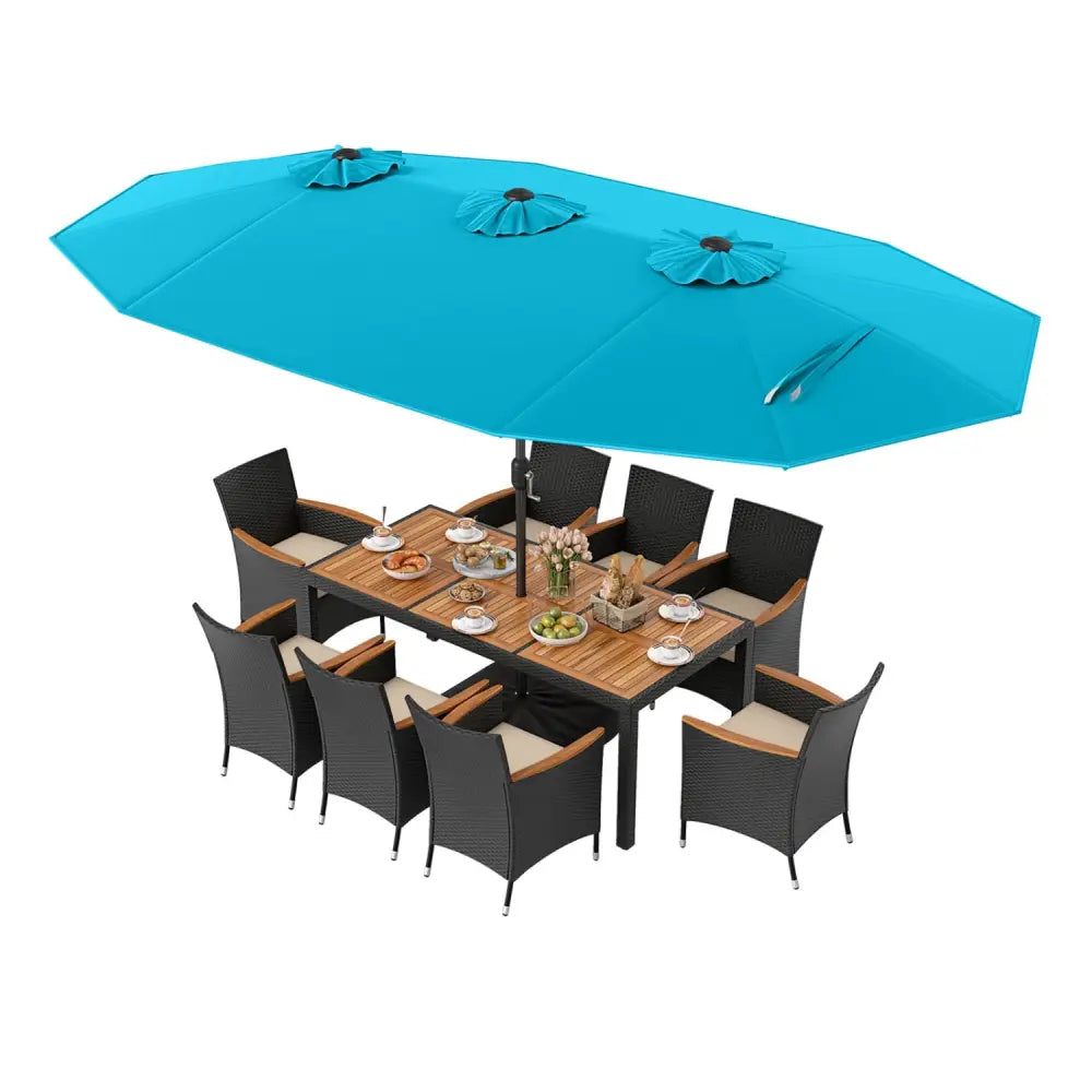 10 Piece Outdoor Dining Set with 15 Feet Double-Sided Twin Umbrella-Turquoise - Turquoise - Patio Dining Sets