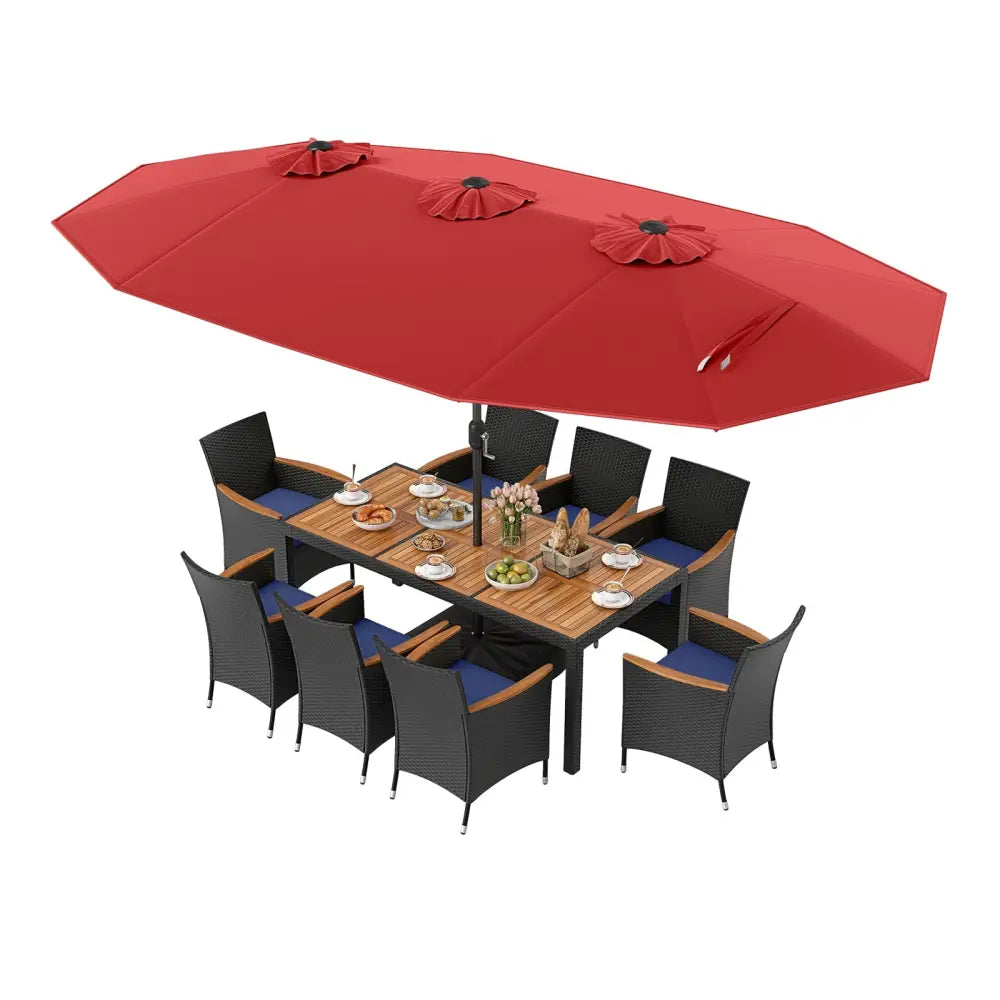 10 Piece Outdoor Patio Dining Set with 15 Feet Double-Sided Twin Umbrella-Red - Red - Patio Furniture Sets