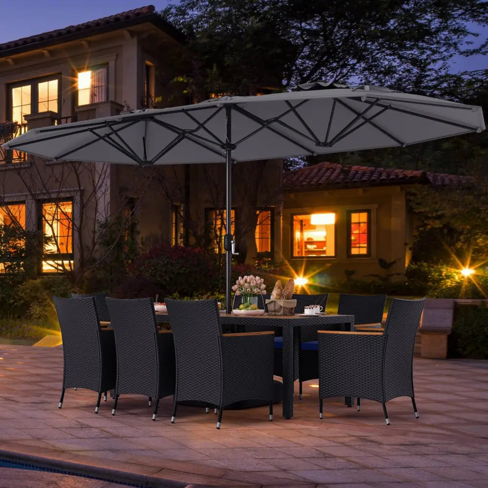 10 Piece Outdoor Patio Dining Set with 15 Feet Double-Sided Twin Umbrella-Gray - Gray - Patio Furniture Sets