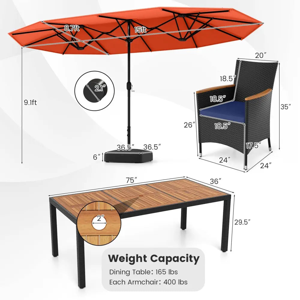 10 Piece Outdoor Patio Dining Set with 15 Feet Double-Sided Twin Umbrella-Orange - Orange - Patio Furniture Sets