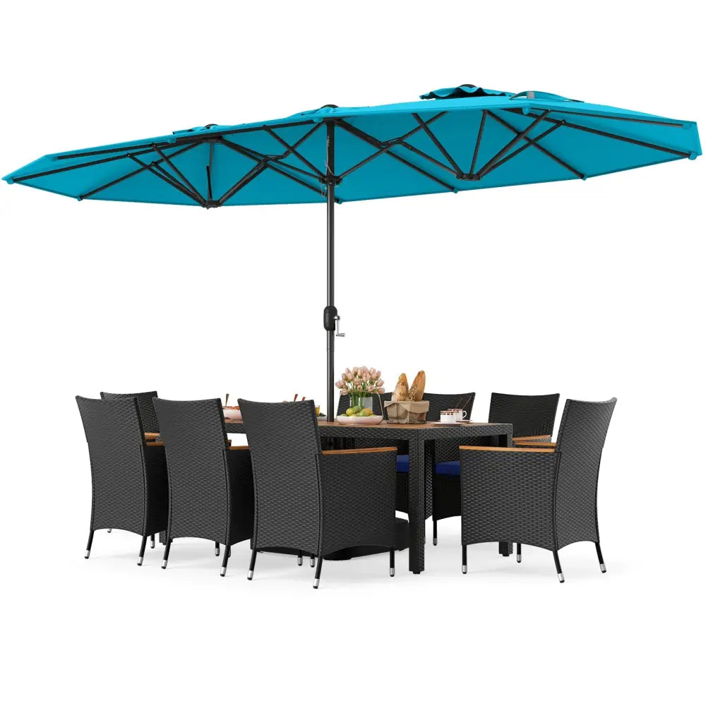 10 Piece Outdoor Patio Dining Set with 15 Feet Double-Sided Twin Umbrella-Turquoise - Turquoise - Patio Furniture Sets
