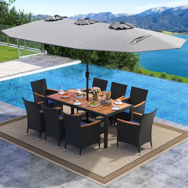 10 Piece Outdoor Patio Dining Set with 15 Feet Double-Sided Twin Umbrella-Gray - Gray - Patio Furniture Sets