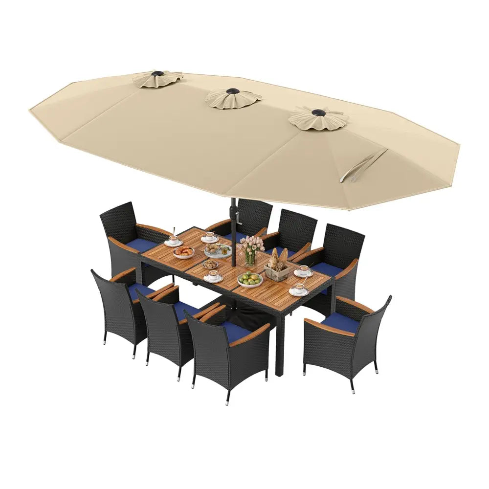 10 Piece Outdoor Patio Dining Set with 15 Feet Double-Sided Twin Umbrella-Beige - Beige - Patio Furniture Sets