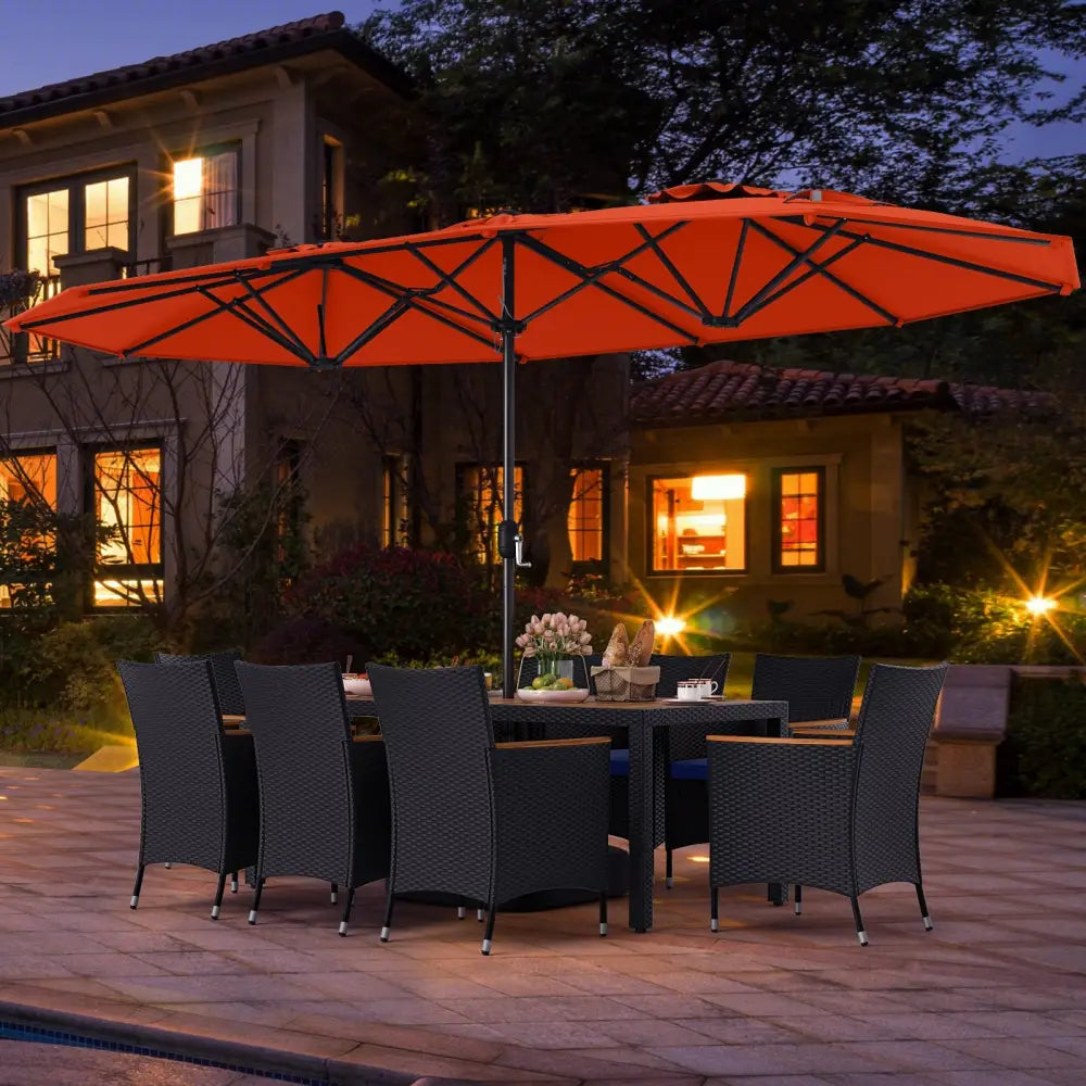 10 Piece Outdoor Patio Dining Set with 15 Feet Double-Sided Twin Umbrella-Orange - Orange - Patio Furniture Sets