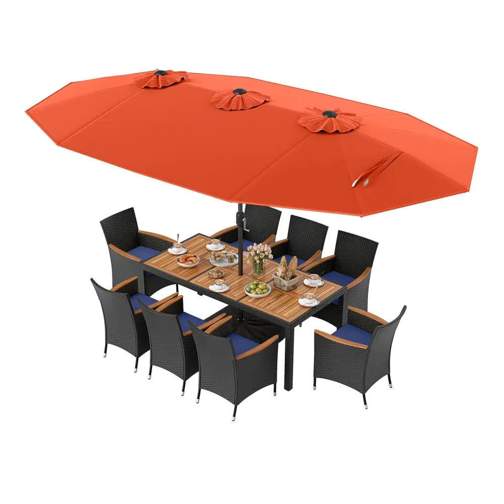 10 Piece Outdoor Patio Dining Set with 15 Feet Double-Sided Twin Umbrella-Orange - Orange - Patio Furniture Sets