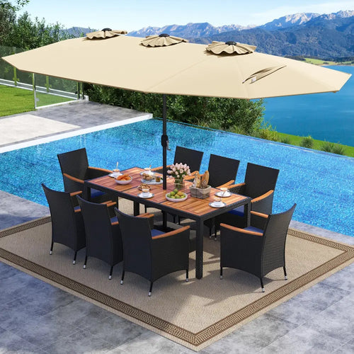 10 Piece Outdoor Patio Dining Set with 15 Feet Double-Sided Twin Umbrella-Beige - Beige - Patio Furniture Sets