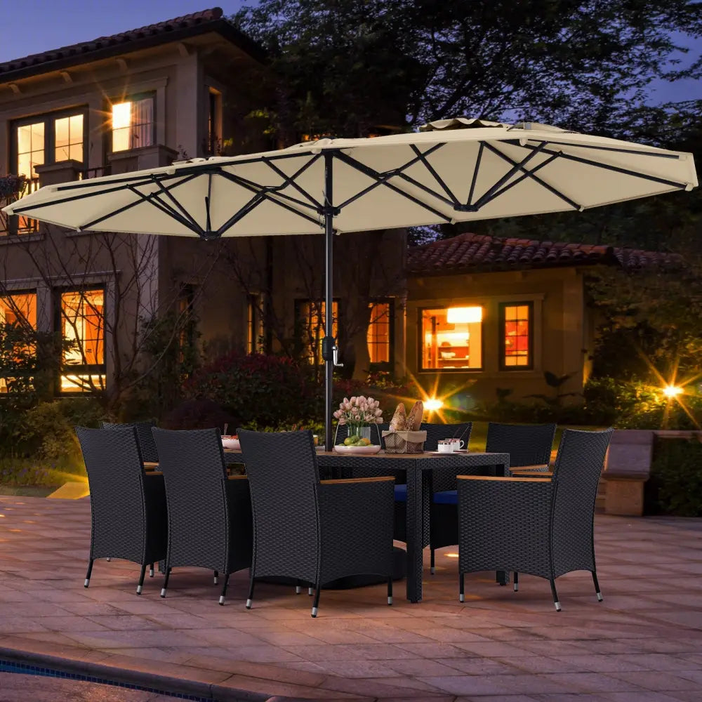 10 Piece Outdoor Patio Dining Set with 15 Feet Double-Sided Twin Umbrella-Beige - Beige - Patio Furniture Sets