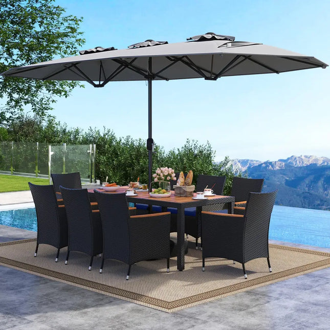 10 Piece Outdoor Patio Dining Set with 15 Feet Double-Sided Twin Umbrella-Gray - Gray - Patio Furniture Sets