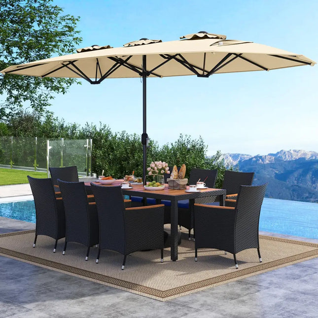 10 Piece Outdoor Patio Dining Set with 15 Feet Double-Sided Twin Umbrella-Beige - Beige - Patio Furniture Sets