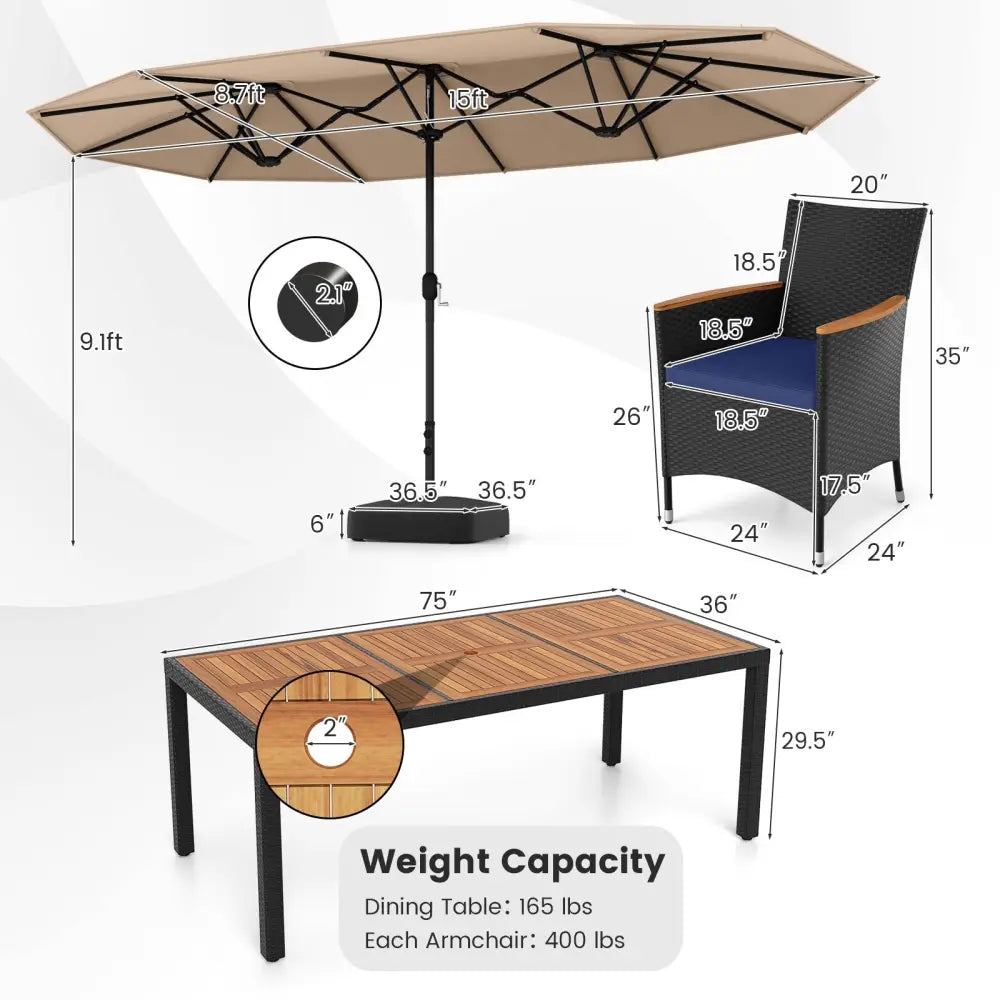 10 Piece Outdoor Patio Dining Set with 15 Feet Double-Sided Twin Umbrella-Brown - Brown - Patio Furniture Sets