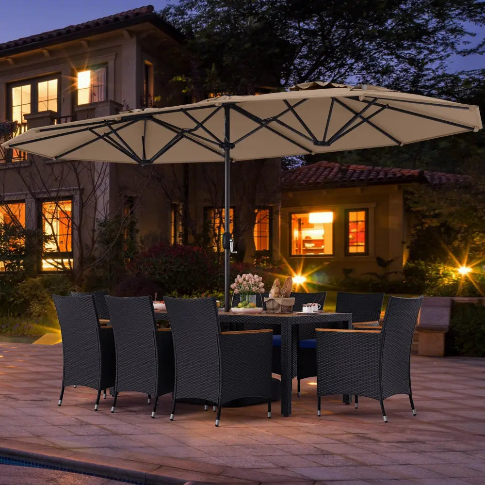 10 Piece Outdoor Patio Dining Set with 15 Feet Double-Sided Twin Umbrella-Brown - Brown - Patio Furniture Sets