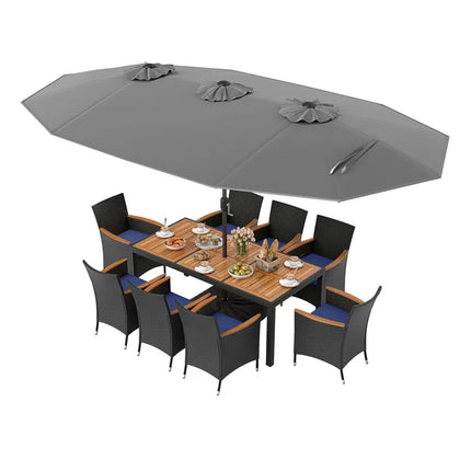 10 Piece Outdoor Patio Dining Set with 15 Feet Double-Sided Twin Umbrella-Gray - Gray - Patio Furniture Sets
