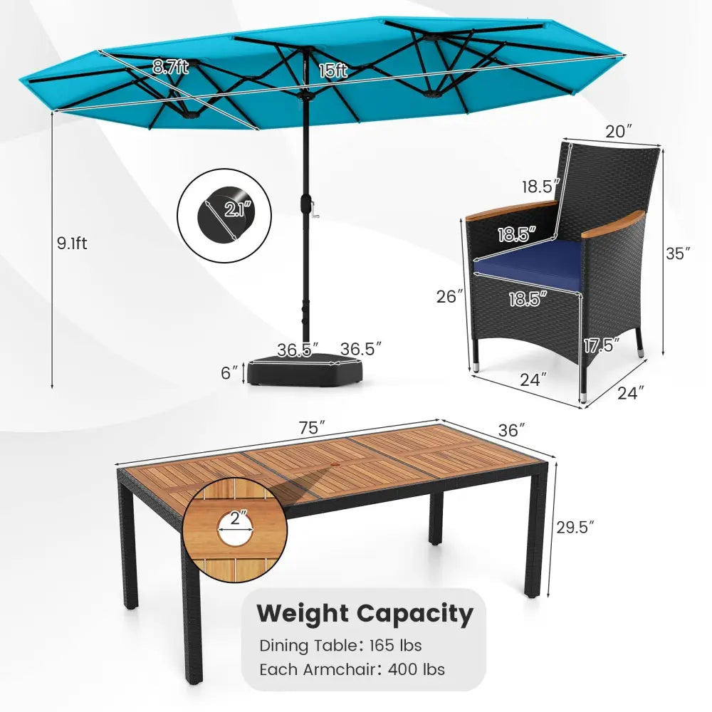 10 Piece Outdoor Patio Dining Set with 15 Feet Double-Sided Twin Umbrella-Turquoise - Turquoise - Patio Furniture Sets
