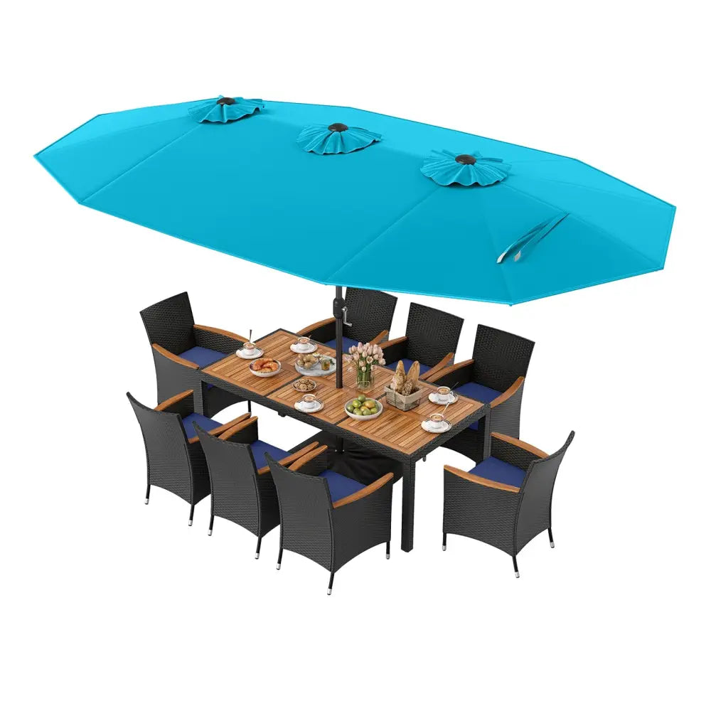10 Piece Outdoor Patio Dining Set with 15 Feet Double-Sided Twin Umbrella-Turquoise - Turquoise - Patio Furniture Sets