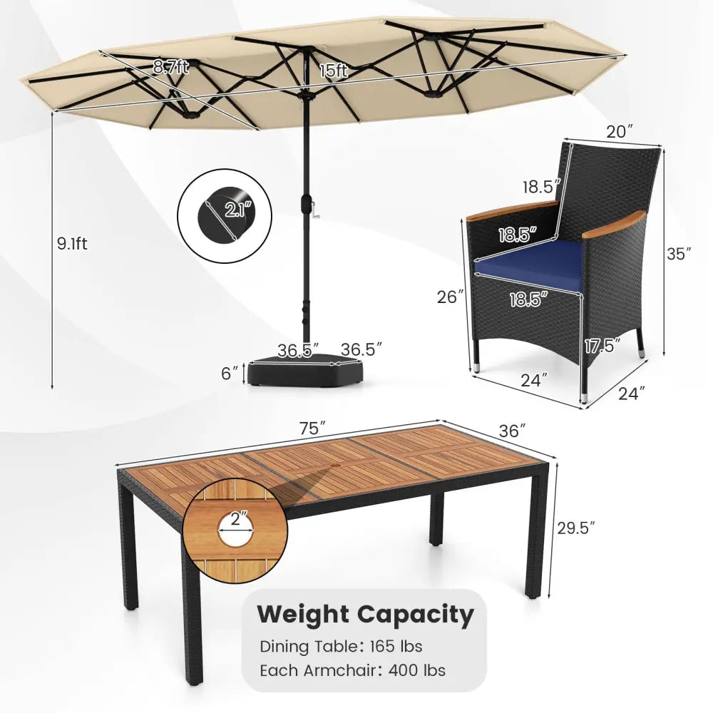 10 Piece Outdoor Patio Dining Set with 15 Feet Double-Sided Twin Umbrella-Beige - Beige - Patio Furniture Sets