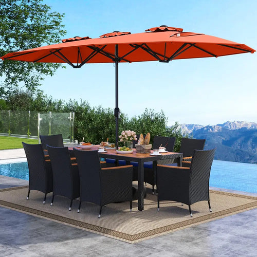 10 Piece Outdoor Patio Dining Set with 15 Feet Double-Sided Twin Umbrella-Orange - Orange - Patio Furniture Sets