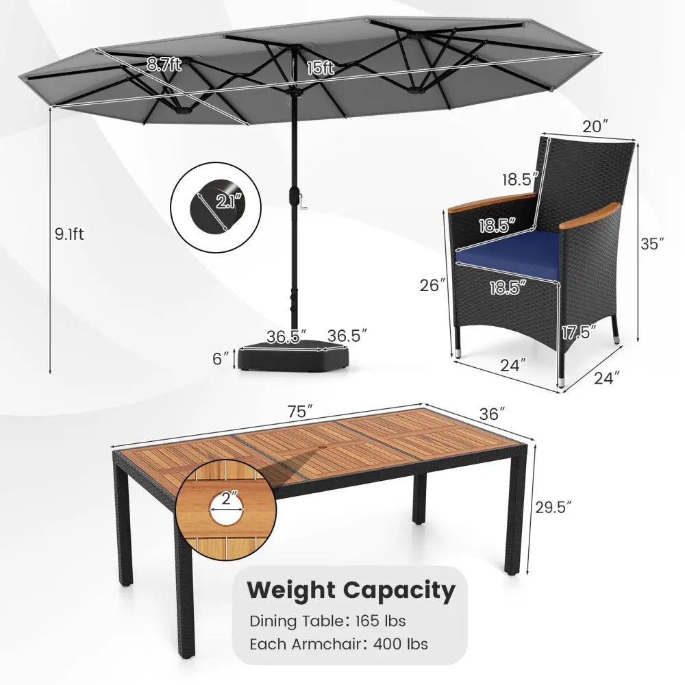 10 Piece Outdoor Patio Dining Set with 15 Feet Double-Sided Twin Umbrella-Gray - Gray - Patio Furniture Sets