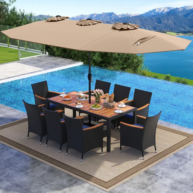 10 Piece Outdoor Patio Dining Set with 15 Feet Double-Sided Twin Umbrella-Brown - Brown - Patio Furniture Sets