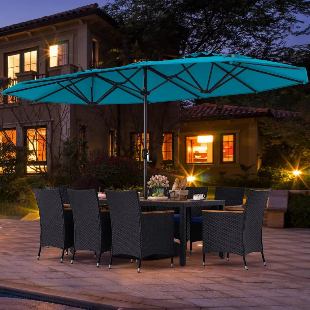 10 Piece Outdoor Patio Dining Set with 15 Feet Double-Sided Twin Umbrella-Turquoise - Turquoise - Patio Furniture Sets
