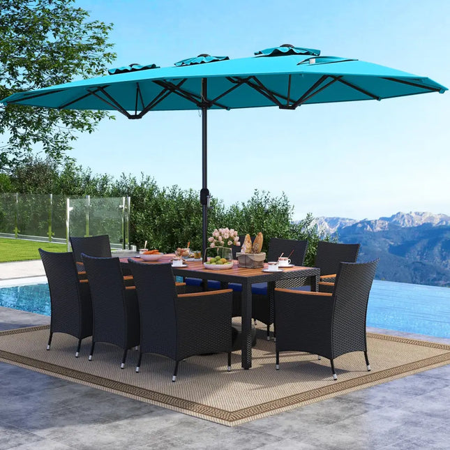 10 Piece Outdoor Patio Dining Set with 15 Feet Double-Sided Twin Umbrella-Turquoise - Turquoise - Patio Furniture Sets