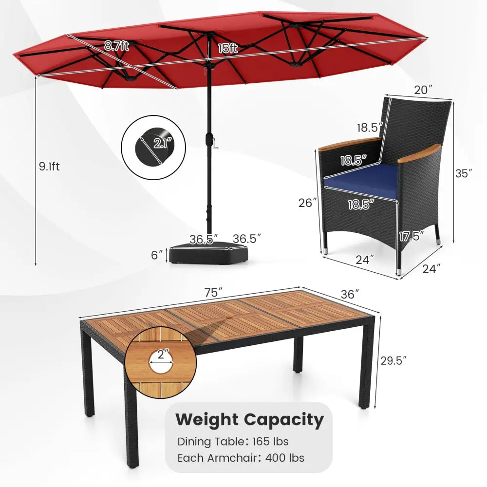 10 Piece Outdoor Patio Dining Set with 15 Feet Double-Sided Twin Umbrella-Red - Red - Patio Furniture Sets