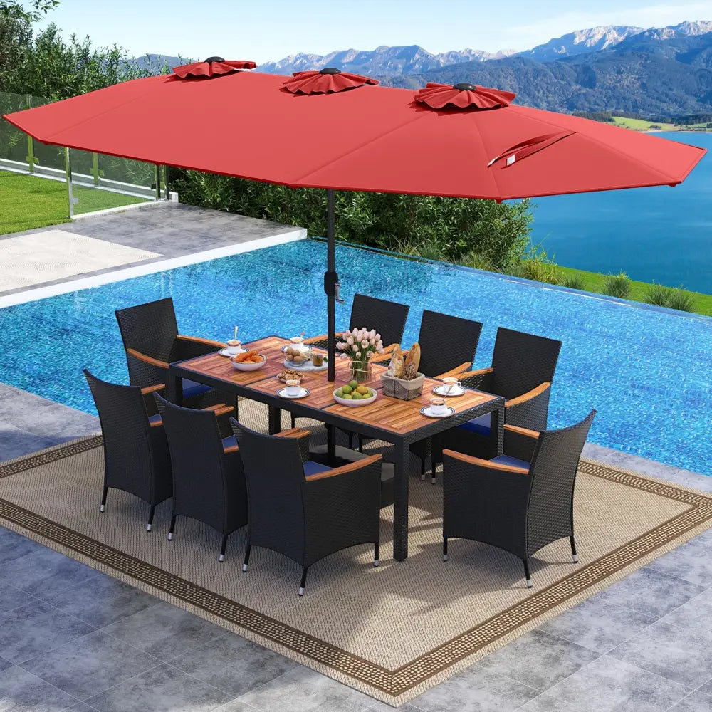 10 Piece Outdoor Patio Dining Set with 15 Feet Double-Sided Twin Umbrella-Red - Red - Patio Furniture Sets