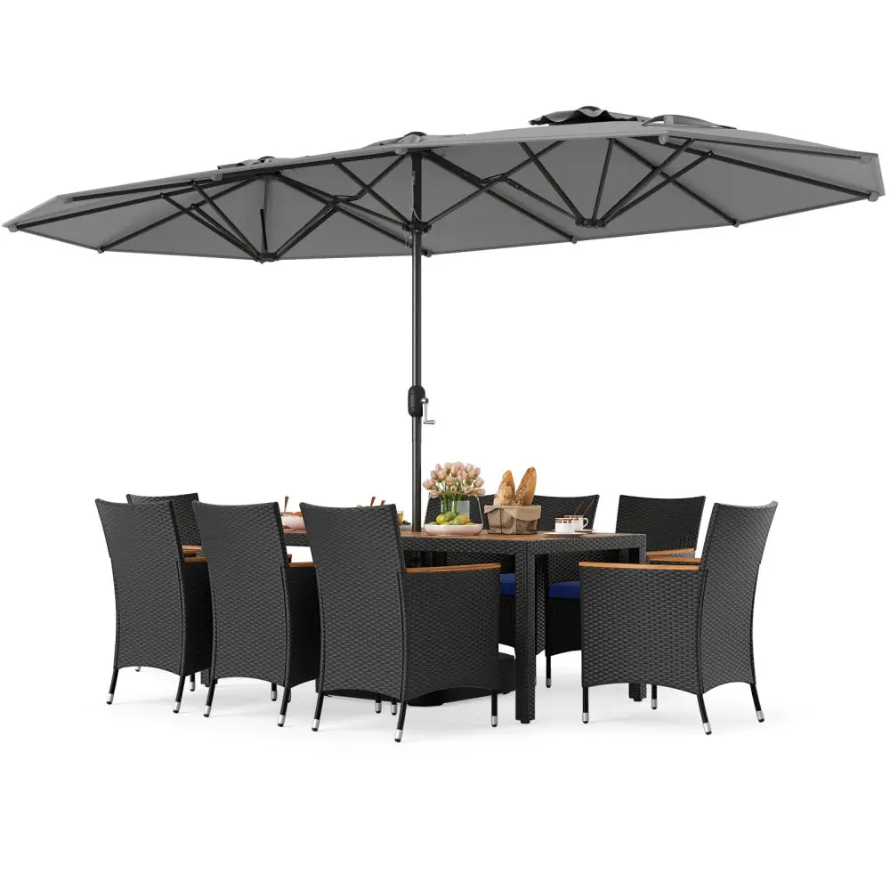 10 Piece Outdoor Patio Dining Set with 15 Feet Double-Sided Twin Umbrella-Gray - Gray - Patio Furniture Sets