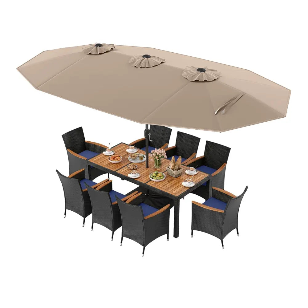 10 Piece Outdoor Patio Dining Set with 15 Feet Double-Sided Twin Umbrella-Brown - Brown - Patio Furniture Sets