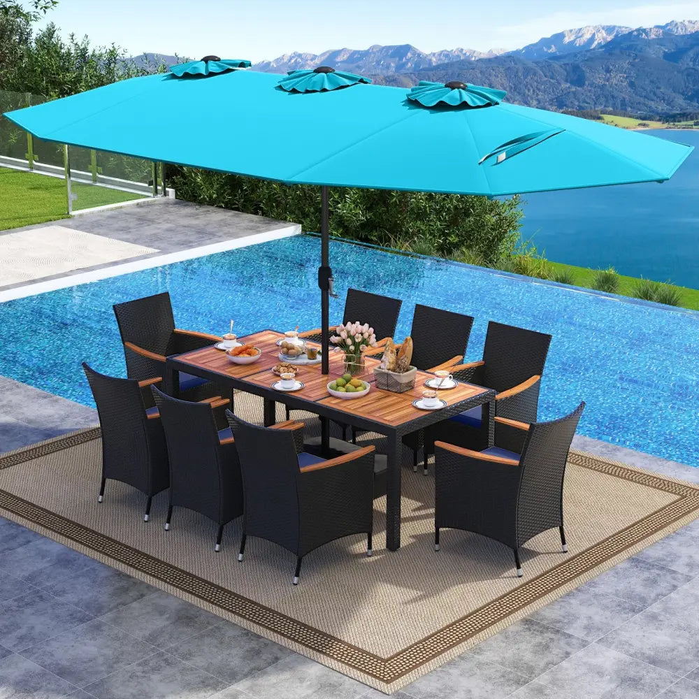10 Piece Outdoor Patio Dining Set with 15 Feet Double-Sided Twin Umbrella-Turquoise - Turquoise - Patio Furniture Sets