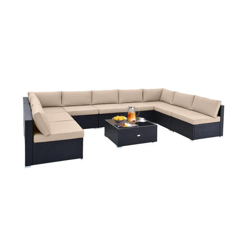 10 Piece Outdoor Wicker Conversation Set with Seat and Back CushionsBeige - Oasis Home Essentials