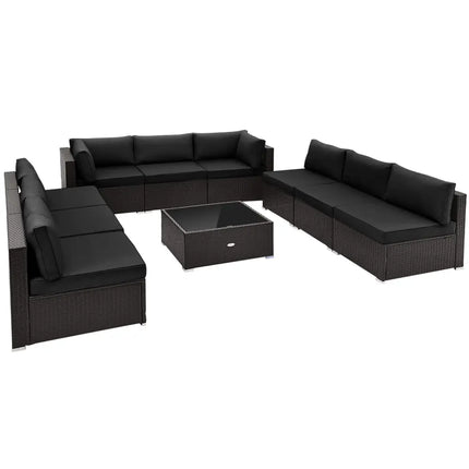 10 Piece Outdoor Wicker Conversation Set with Seat and Back Cushions-Black - Black - Patio Furniture Sets