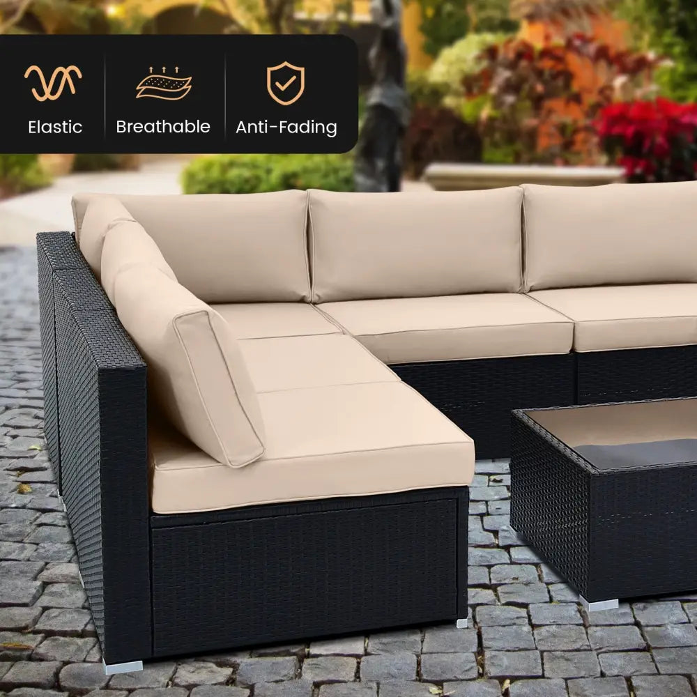 10 Piece Outdoor Wicker Conversation Set with Seat and Back Cushions-Beige - Beige - Patio Furniture Sets