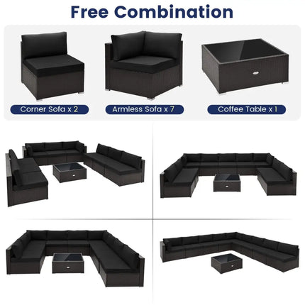 10 Piece Outdoor Wicker Conversation Set with Seat and Back Cushions-Black - Black - Patio Furniture Sets