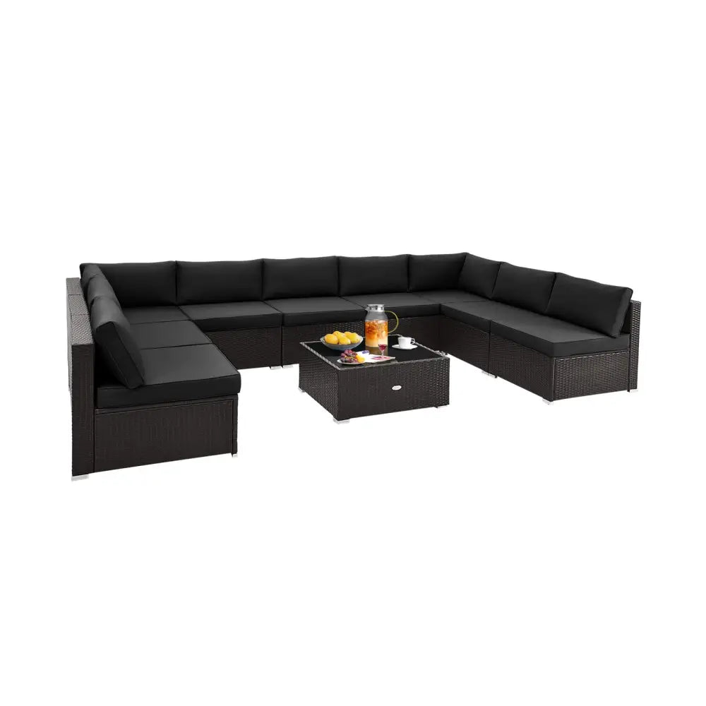 10 Piece Outdoor Wicker Conversation Set with Seat and Back Cushions-Black - Black - Patio Furniture Sets