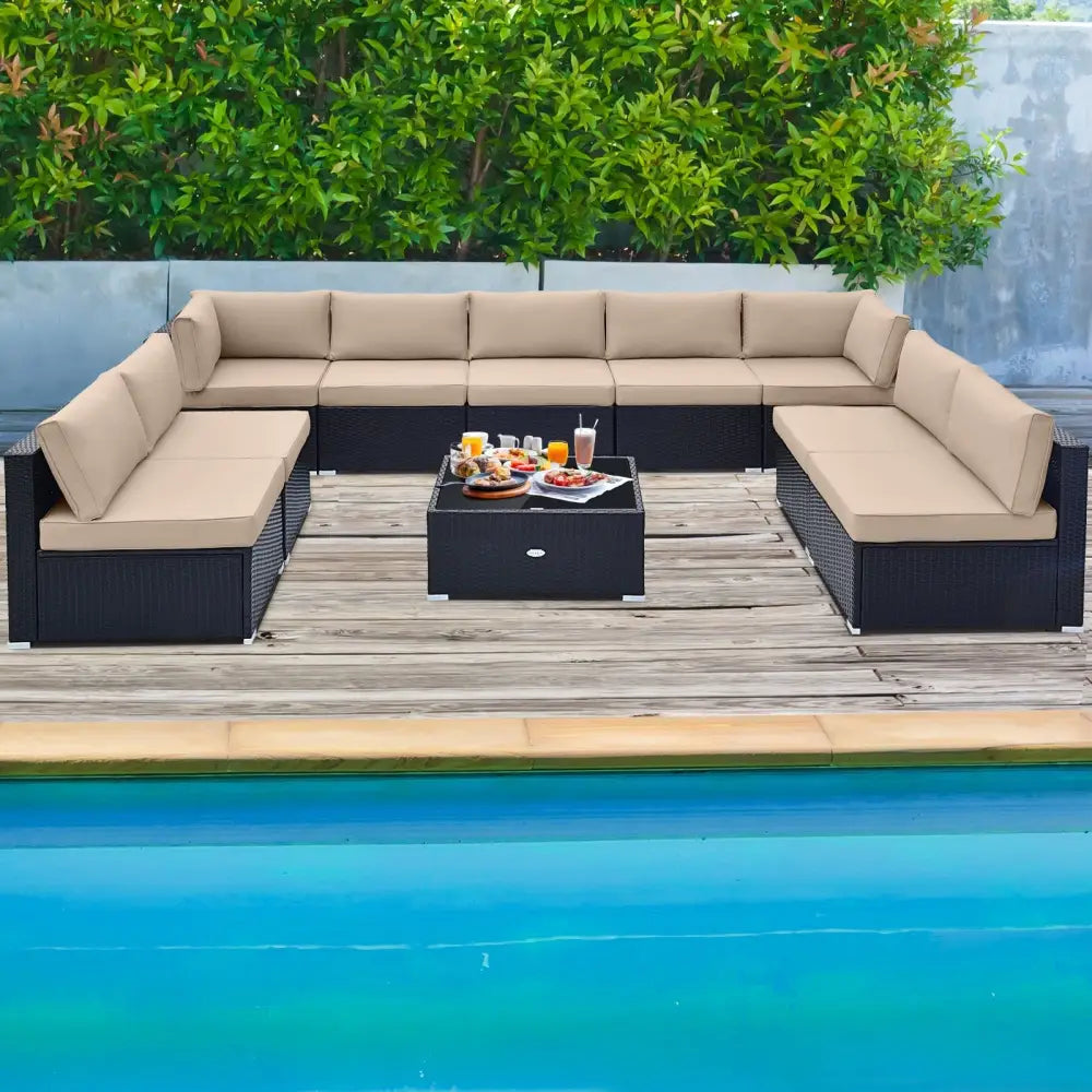 10 Piece Outdoor Wicker Conversation Set with Seat and Back Cushions-Beige - Beige - Patio Furniture Sets